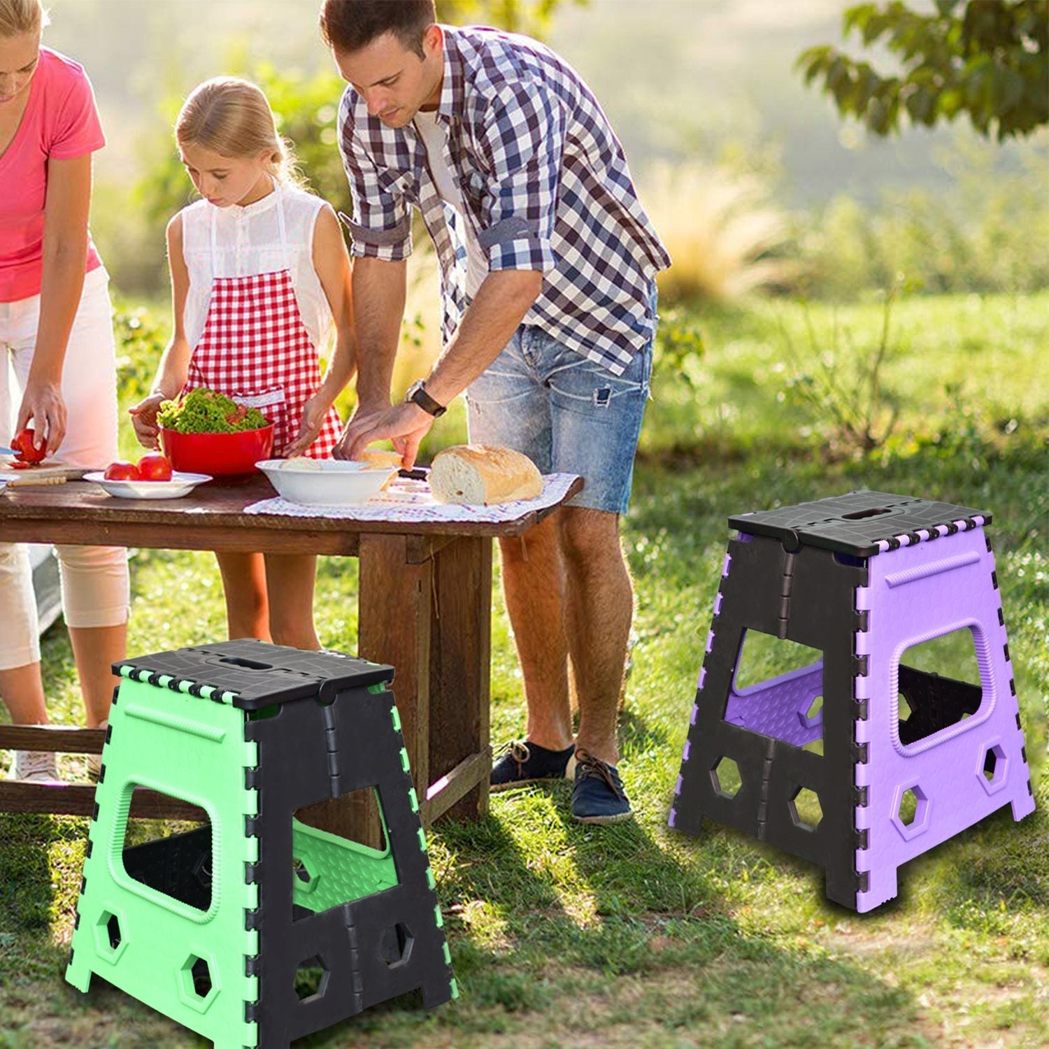 Compact 18-inch stool for adults and kids, foldable for easy storage, brown color. Compact 18-inch stool for adults and kids, foldable for easy storage, brown color.